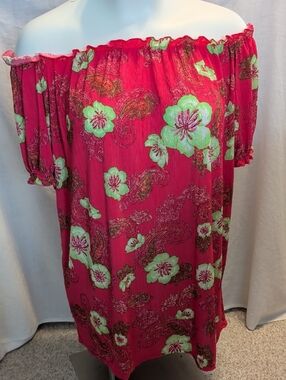Blouse 3X Hot Pink Floral Hawiian Shirt Off Shoulder Boho Crinkle Flowy Top NWT